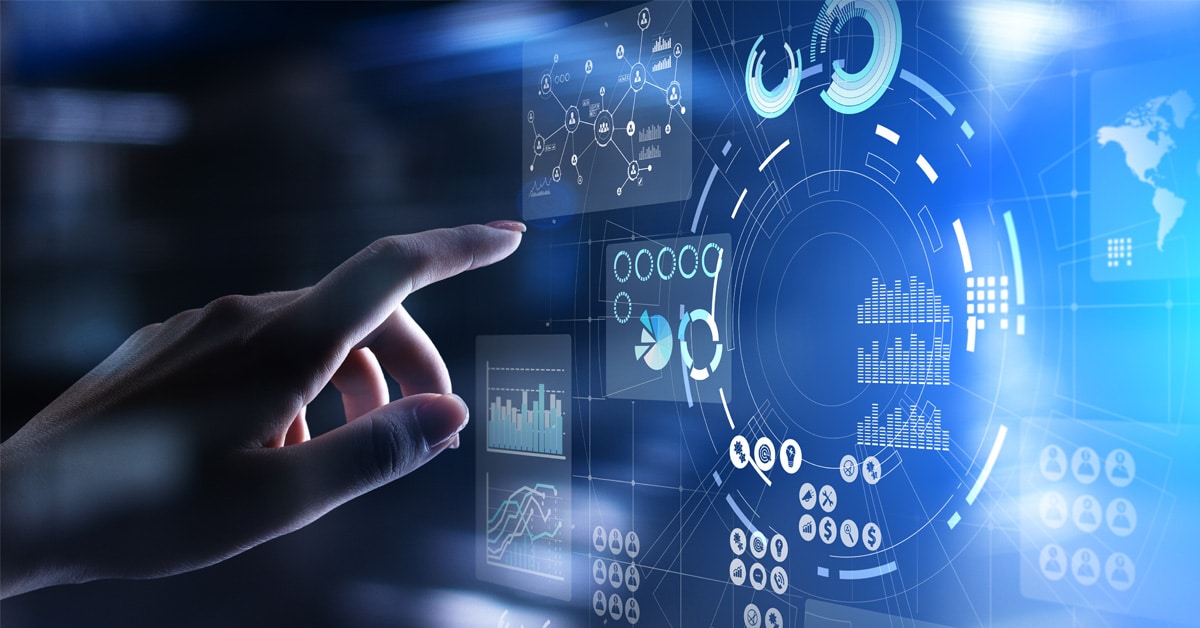 A hand selecting rail industry data metrics from a holographic display.