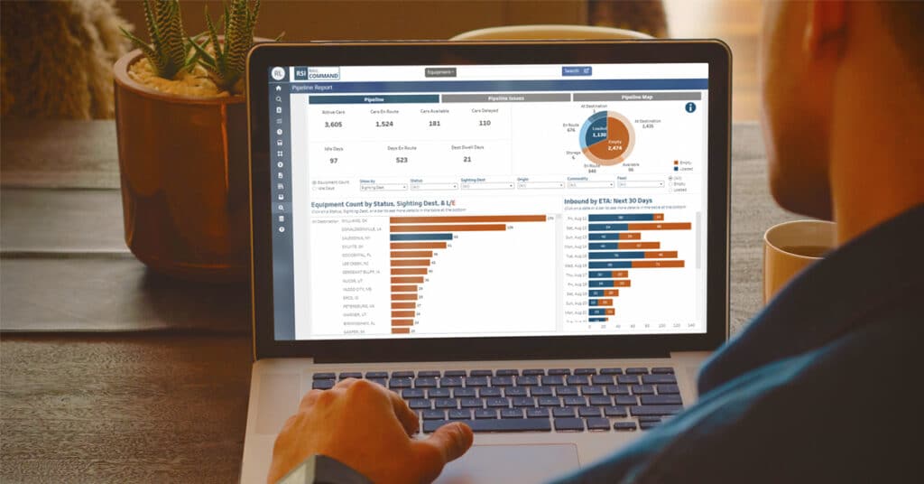 A man looks at a computer with the dashboard of the rail freight tracking software Rail Command displayed in colorful blue and orange dashboards.