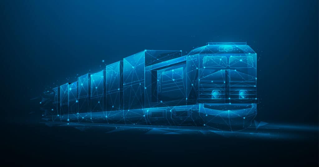 Rail freight train consisting of lines, dots and triangles on blue dark background.