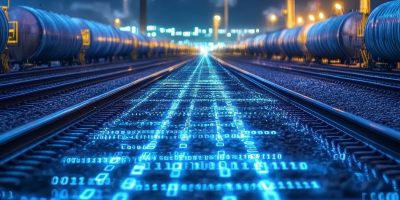 A series of blue rail freight data numbers between rail tracks and a line of rail tank cars