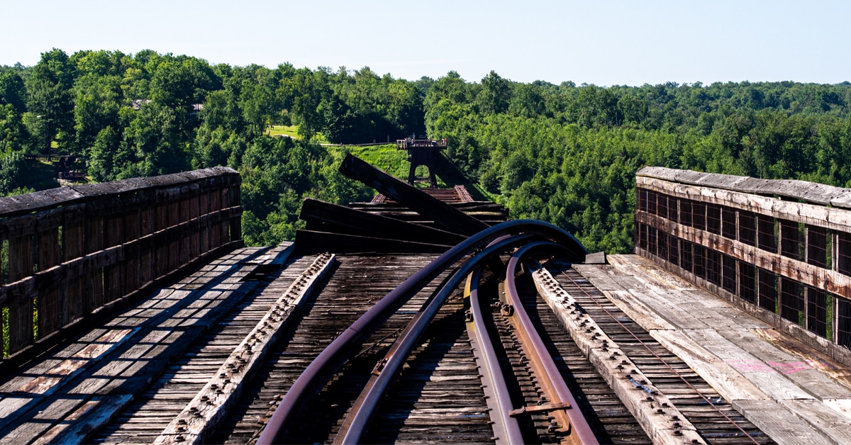 A railroad bridge destroyed by a hurricane.