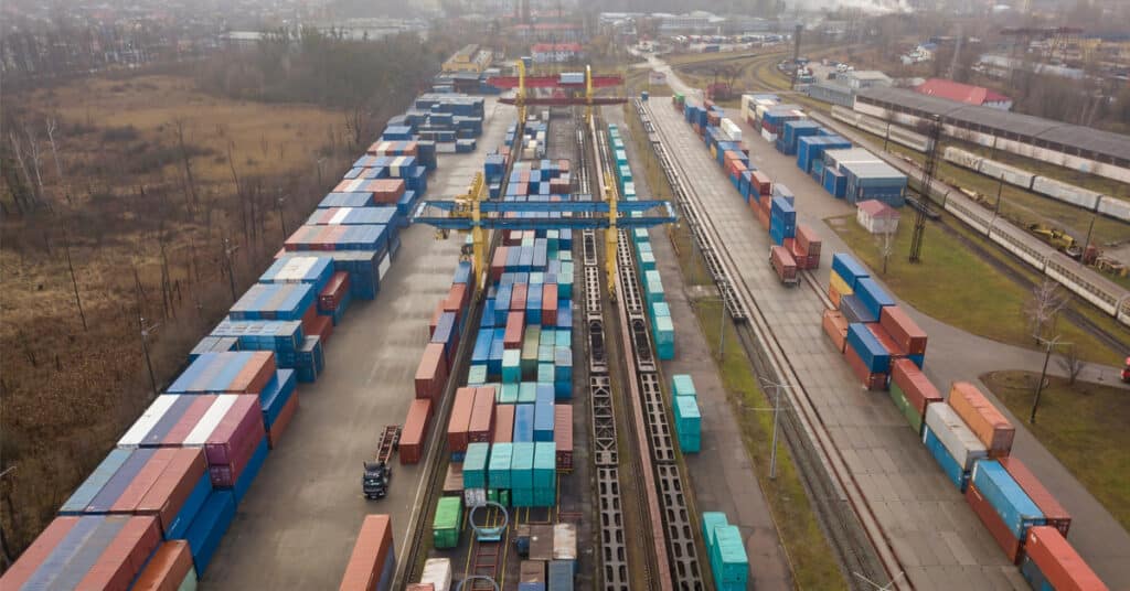 Aerial view of the transportation of intermodal freight.