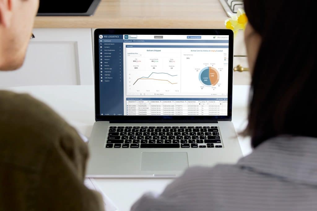 RSI Logistics' rail software rail TMS, Rail Command, displayed on a laptop screen.