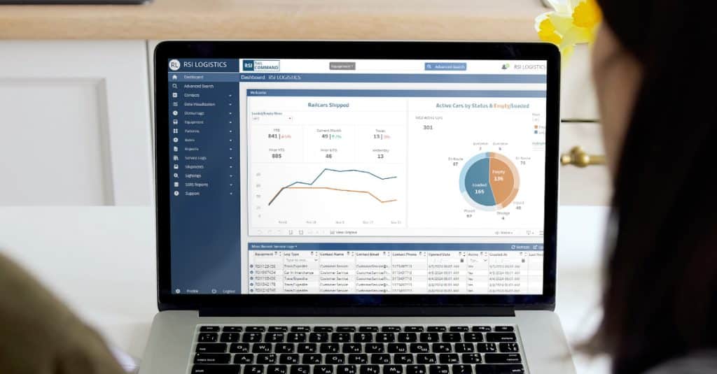 RSI Logistics' rail software rail TMS, Rail Command, displayed on a laptop screen.