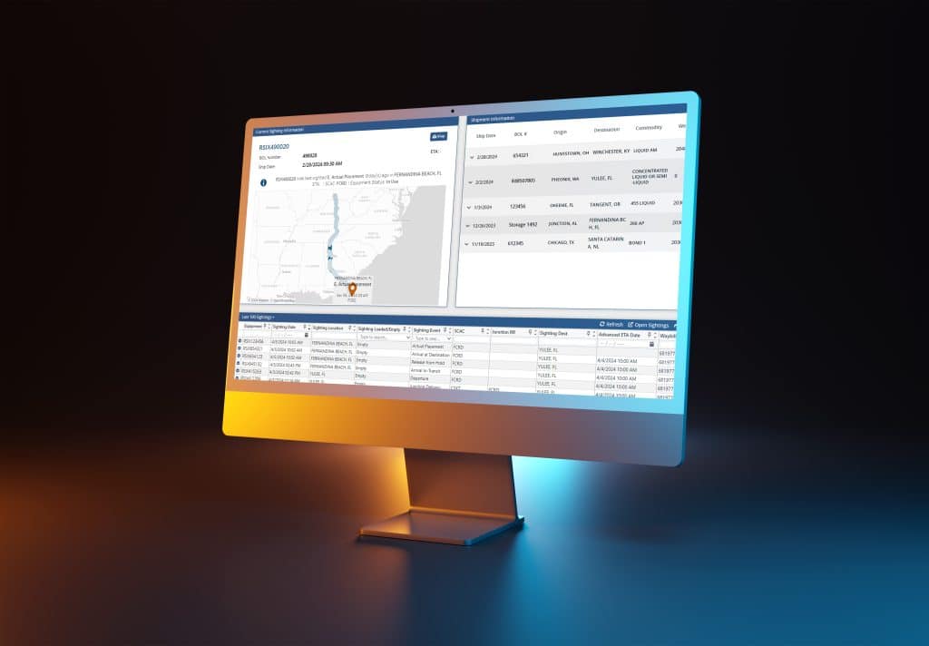 Rail Command, RSI Logistics' rail TMS rail software, on a desktop screen with blue and orange highlight colors.
