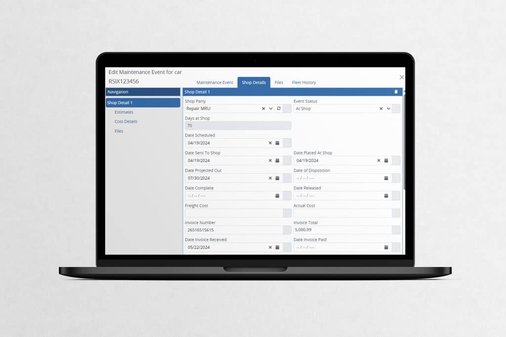 The Equipment Maintenance feature for Rail Command, RSI Logistics' rail TMS rail software, is displayed on a laptop.