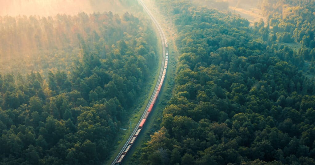 An aerial view of a cargo train in a forest that is filled with fog.