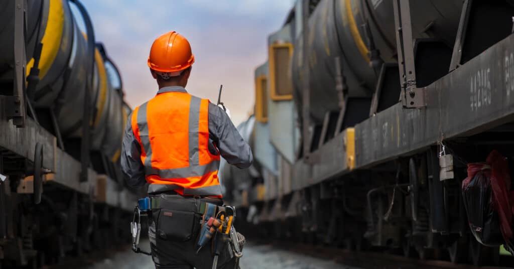 Back view of a railcar repair worker with freight oil tankcars on either side.