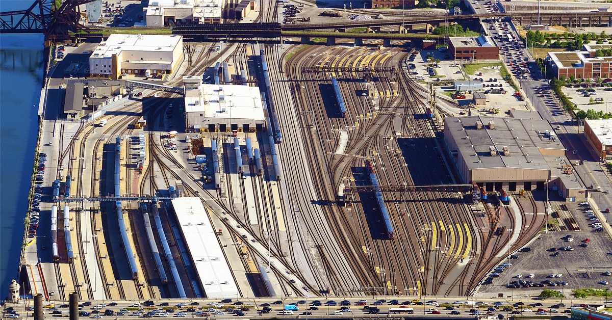 A rail yard from a bird's eye view.