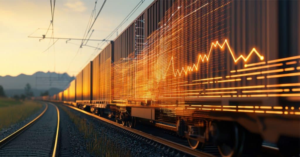 A series of railcars with rail data graphic along the side.