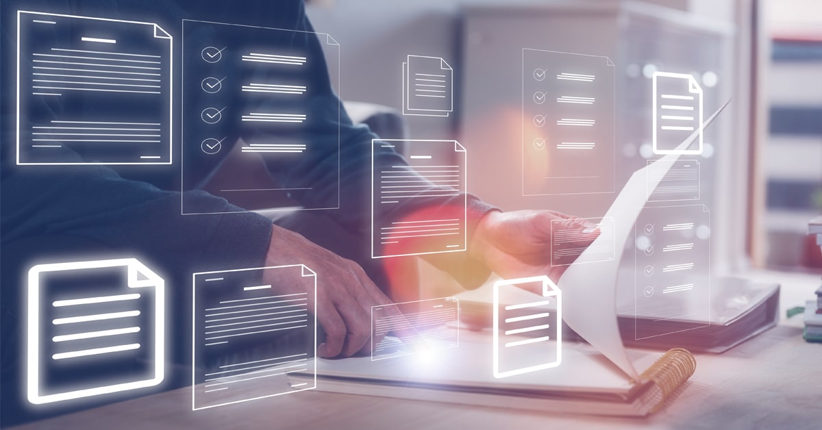 A series of white forms and documents overlaid atop a person flipping through a notebook.