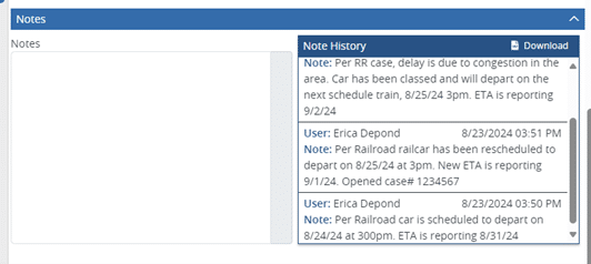 An example of the rail tracking notes screen from RSI Logistics' Rail Command.