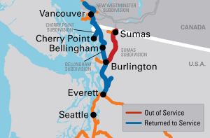 Map of the BNSF's railroad outages in the Northwestern Coast area.