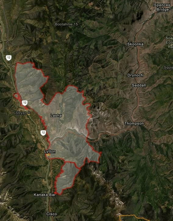 Map of the wildfires affecting CN tracks in British Columbia, Canada.