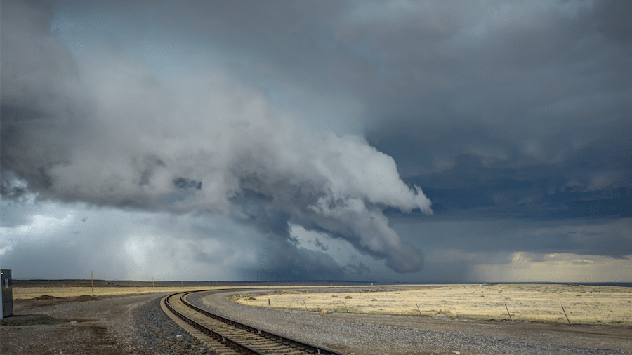 Railroad tracks and summertime storms on the Great Plains.