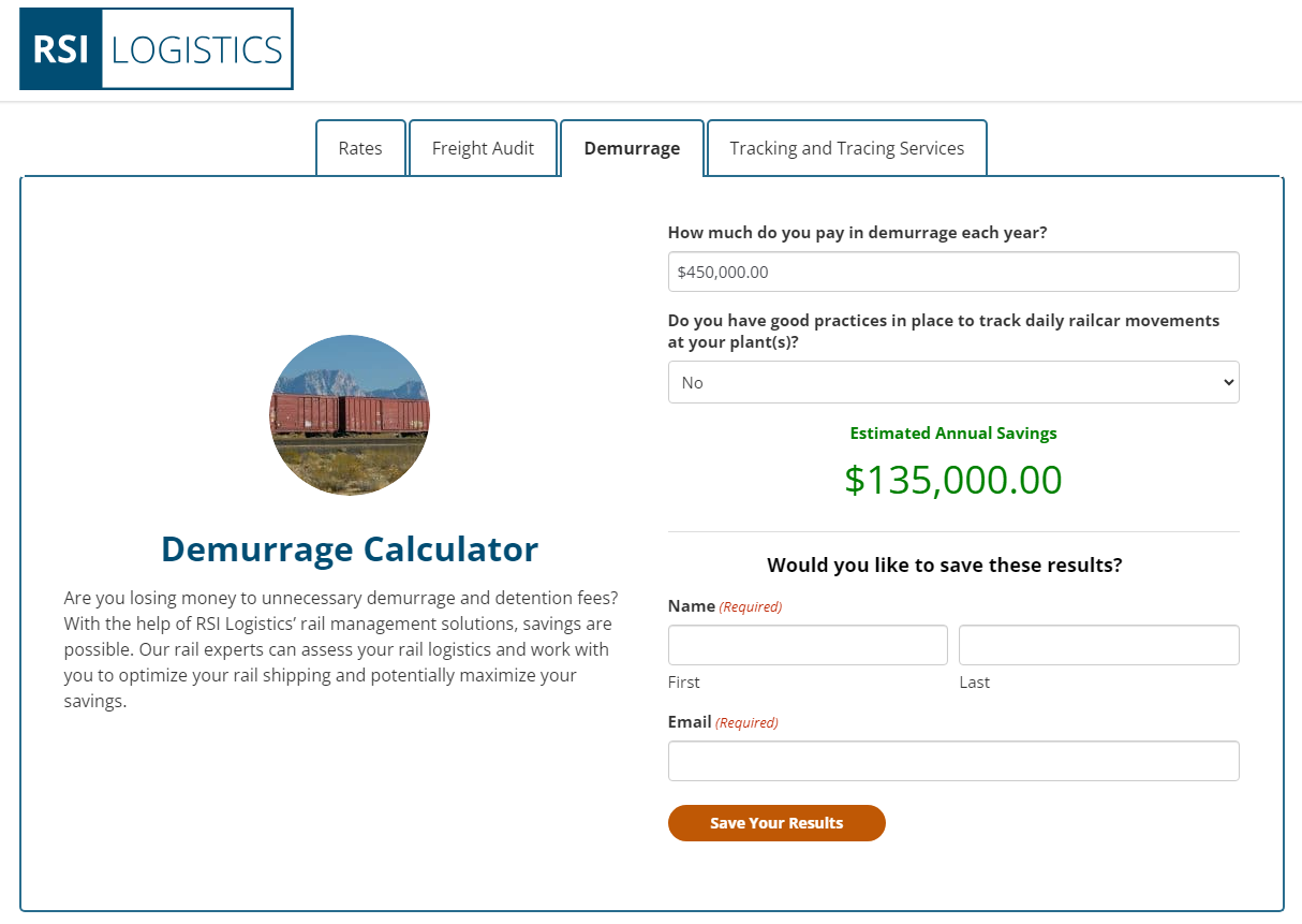 A screenshot of RSI Logistics' Demurrage Calculator tool.