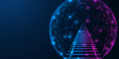 A purple and blue rail line goes into a sphere of data analytics.