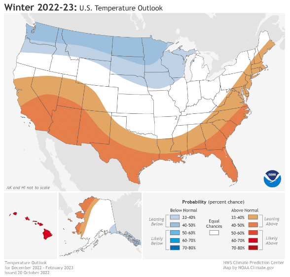 A map of the United States showing the Winter 2022 temperature outlook.
